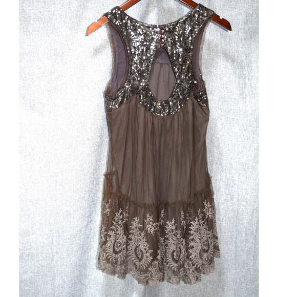 Free People Brown Sequin & Embroidered Mesh Dress Size M - Picture 3 of 3